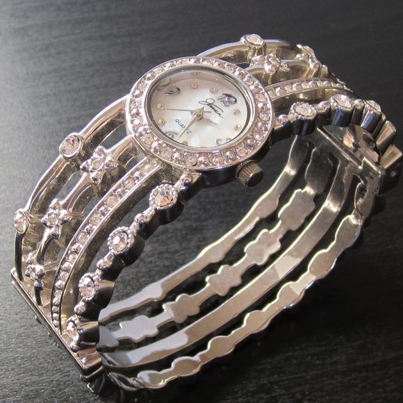 Fancy Bangle Watch Hinged Bracelet with MOP dial and Rhinestones - Picture 1 of 11